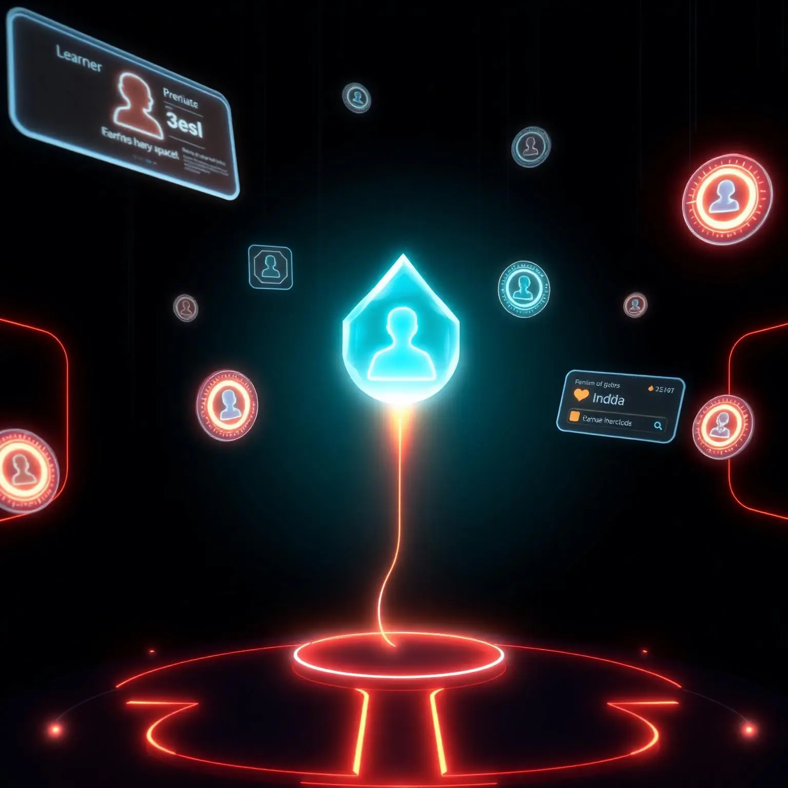 Futuristic career marketplace with skill badges and job offers